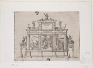 Struttura cerimoniale  in lode alle azioni di Clemente VIII (da Descrittione degli apparati fatti in Bologna per la venuta di n. s. papa Clemente VIII, Bologna, Benacci, 1598)